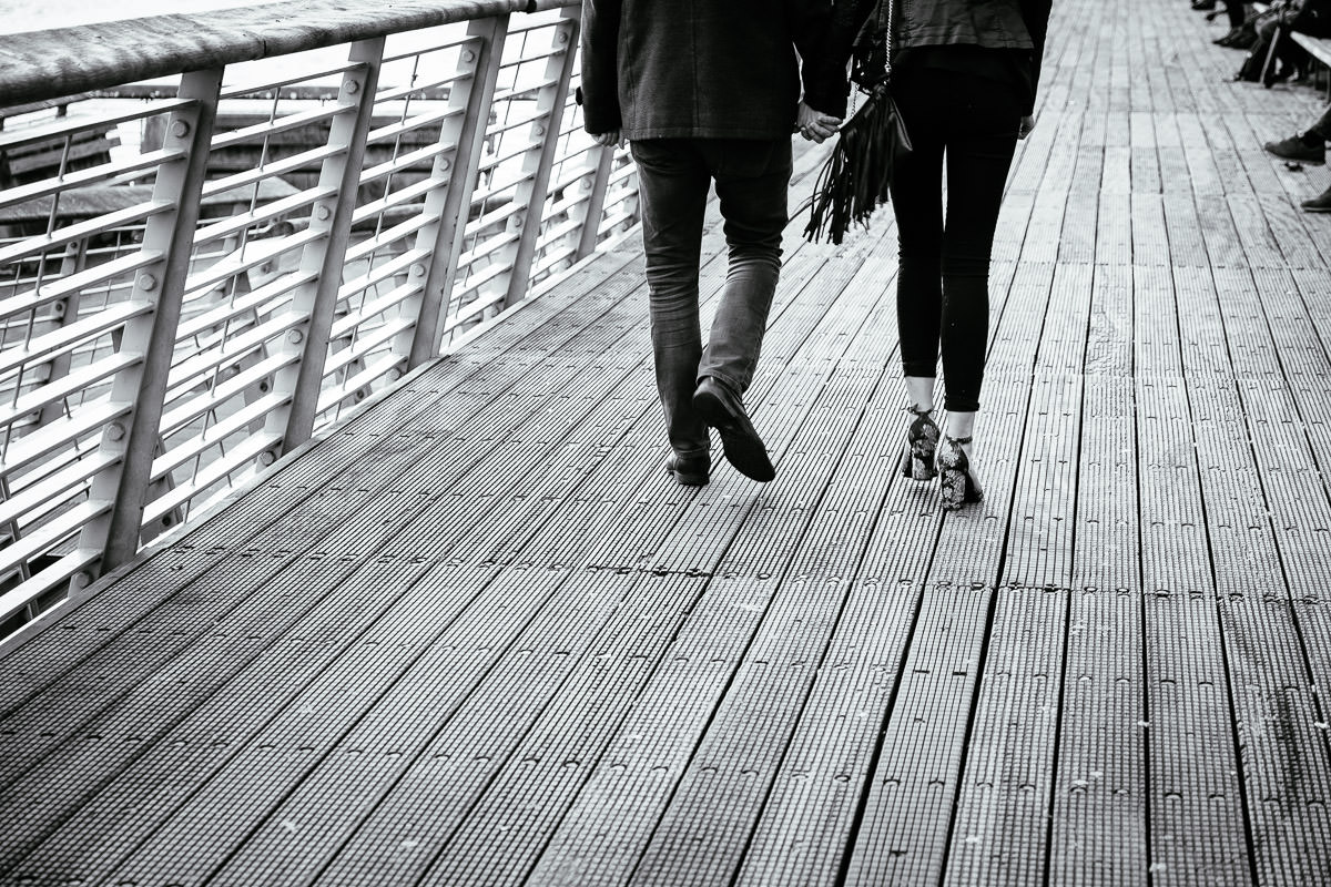 couple walking along the river liffey boardwalk in dublin