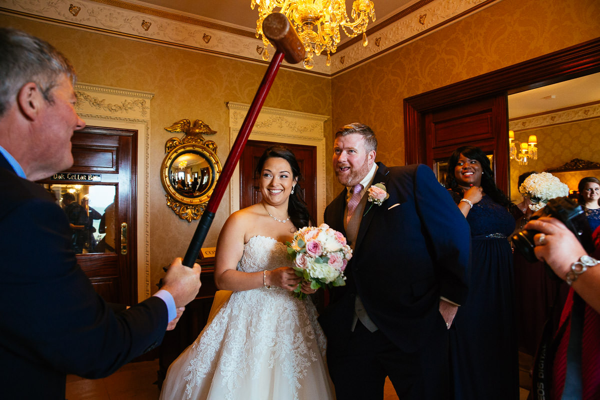 bride and groom embracing at gleno abbey hotel wedding