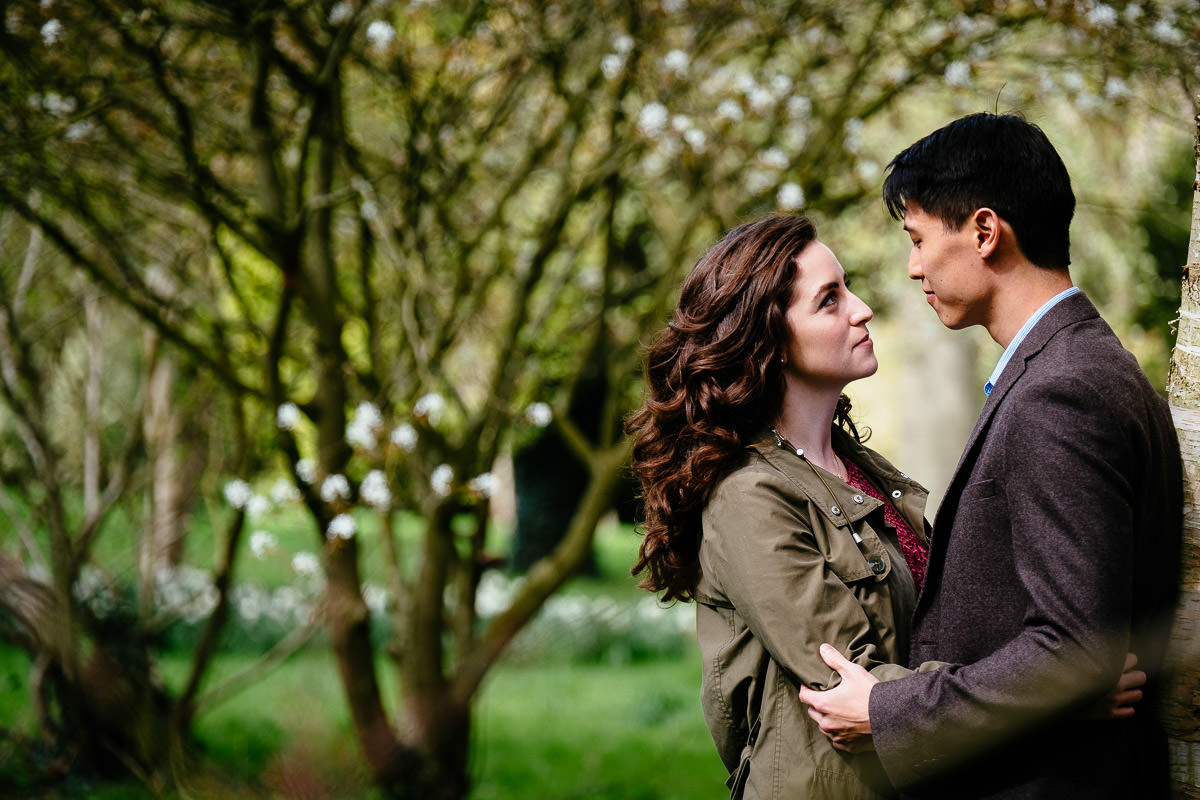 engaged couple looking into each others eyes in dublin park