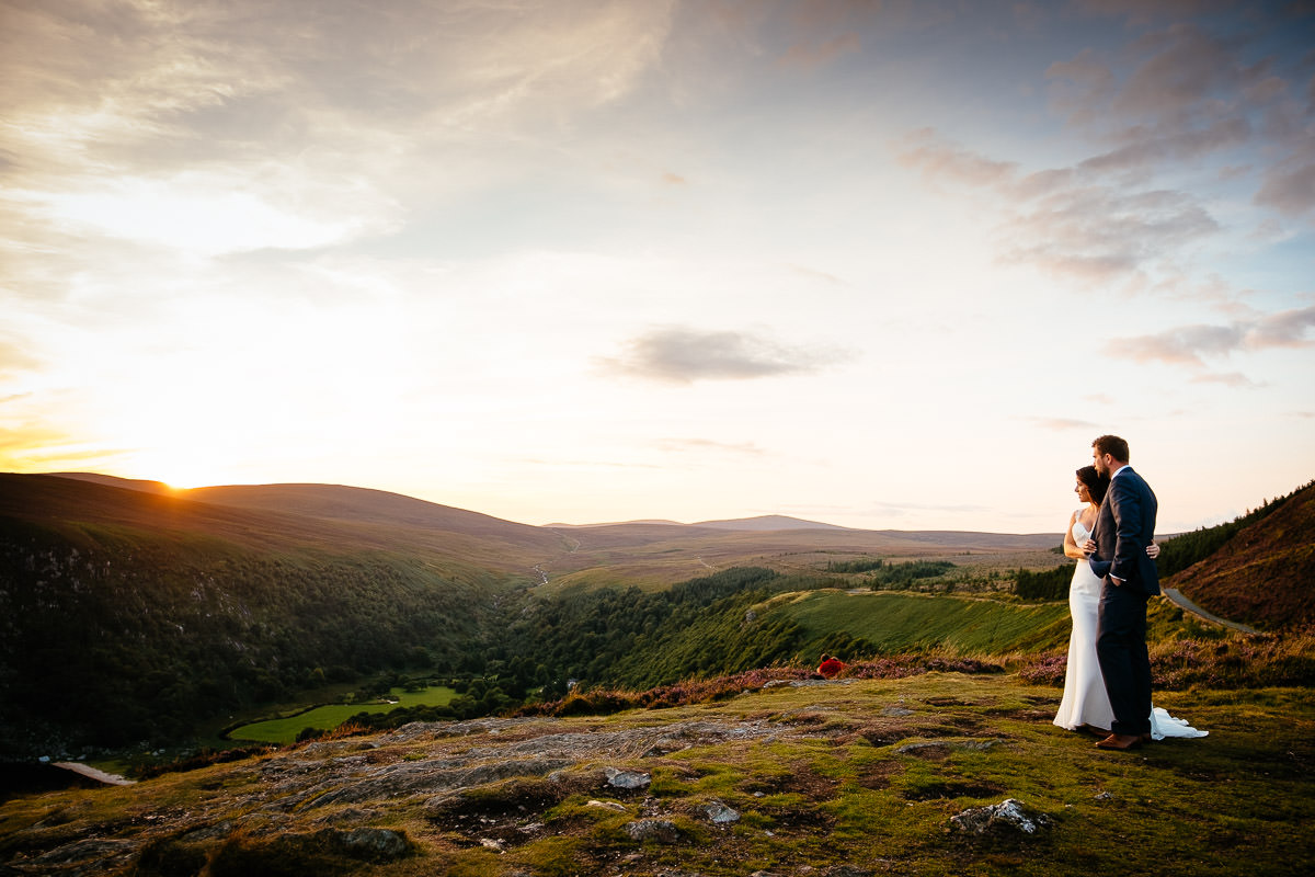 bride and groom at sunset in the wicklow mountains