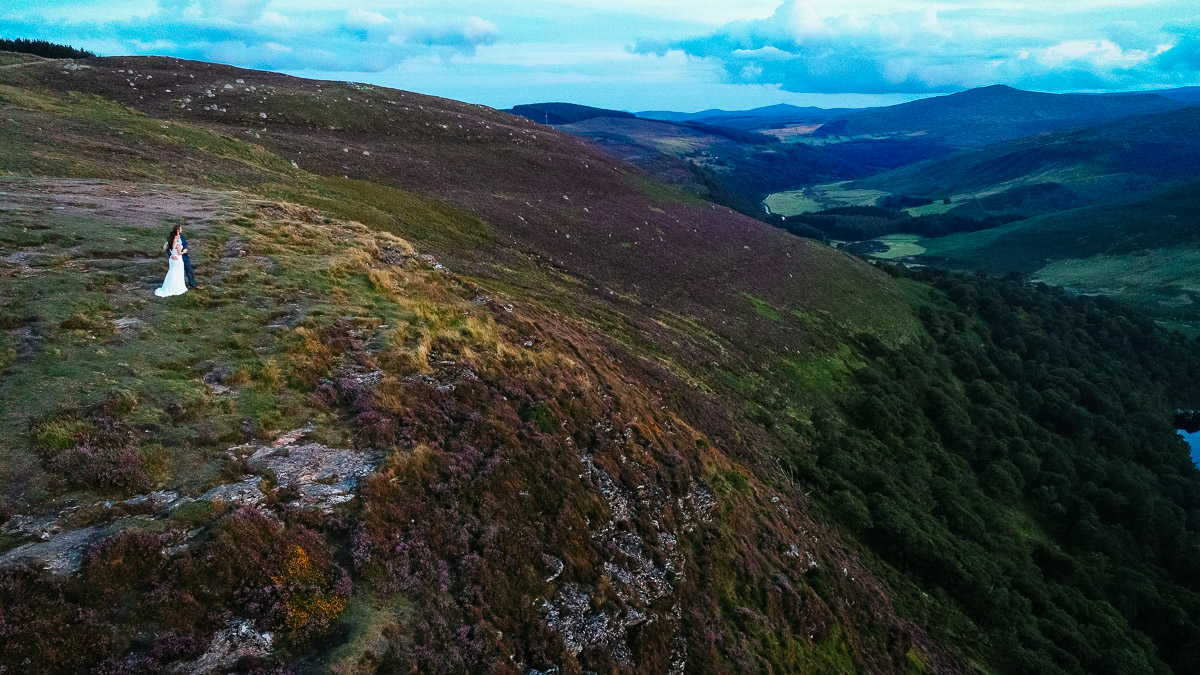 bride and groom at sunset in the wicklow mountains