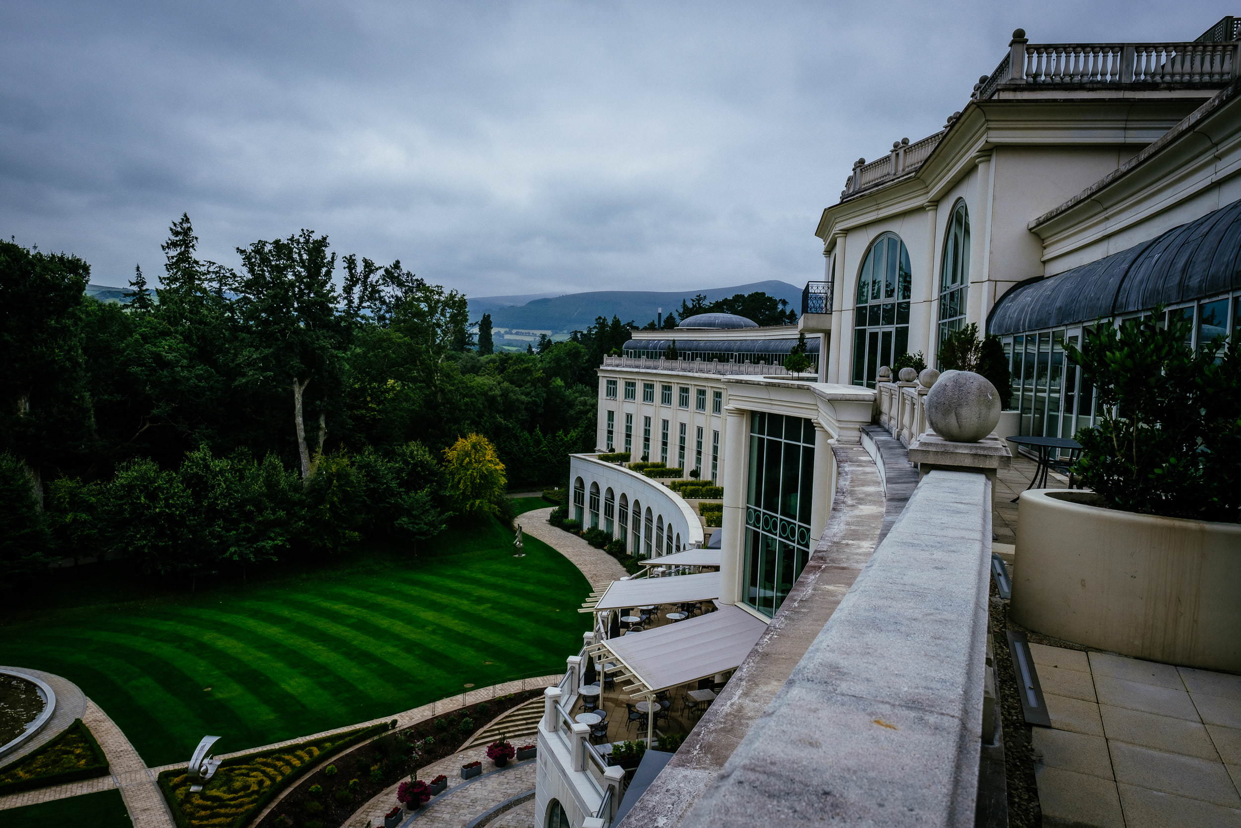 wedding dress hanging on a balcony at the Powerscourt Hotel wicklow