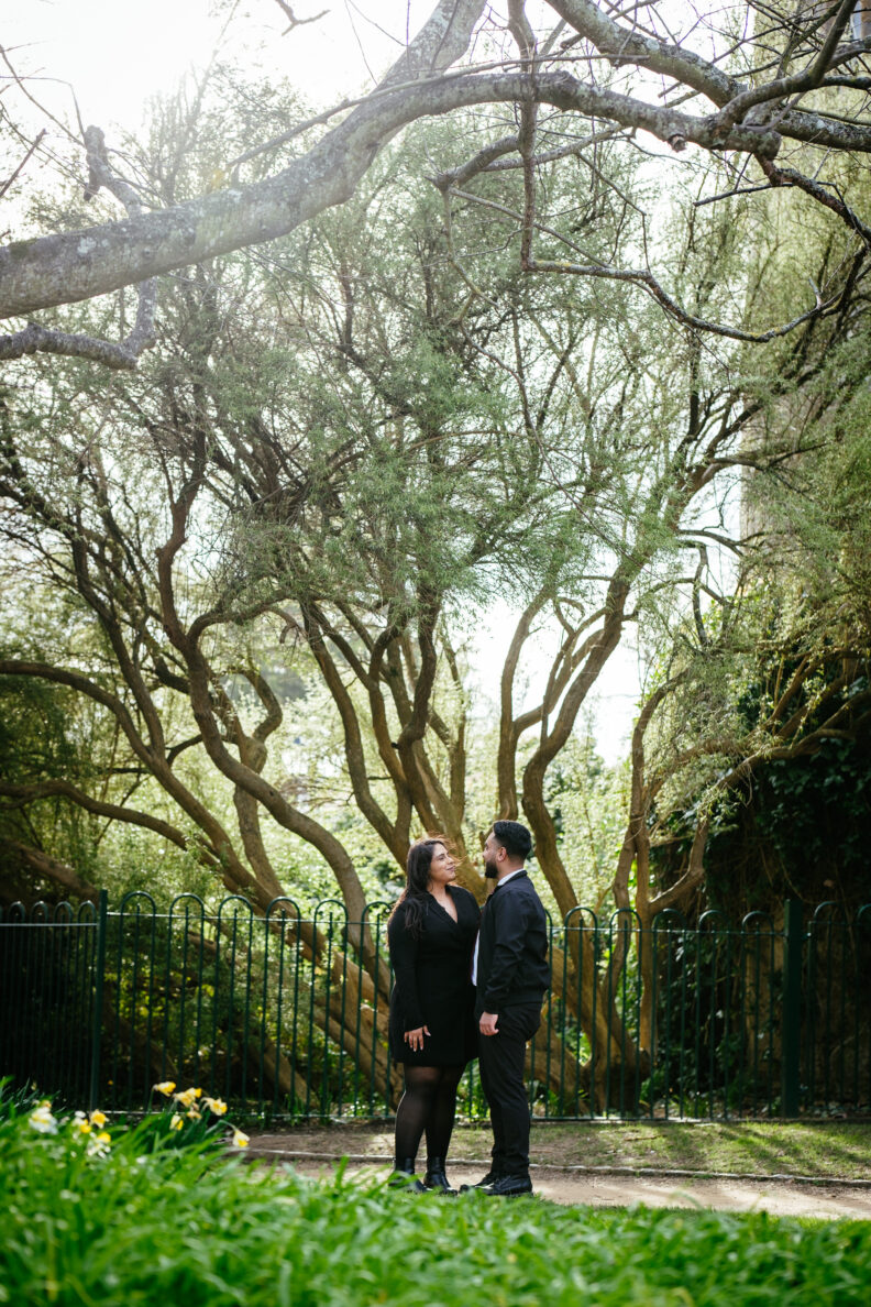 A couple standing under a tree in a park.
