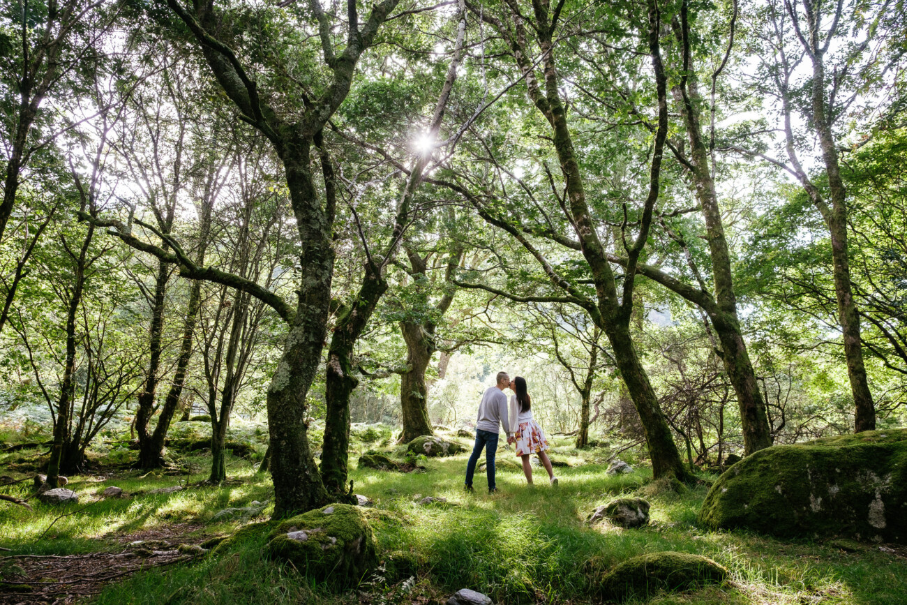 Two people walk hand in hand through a sunlit forest with tall trees and dappled sunlight on the mossy ground, perfect for capturing engagement photos in Ireland.