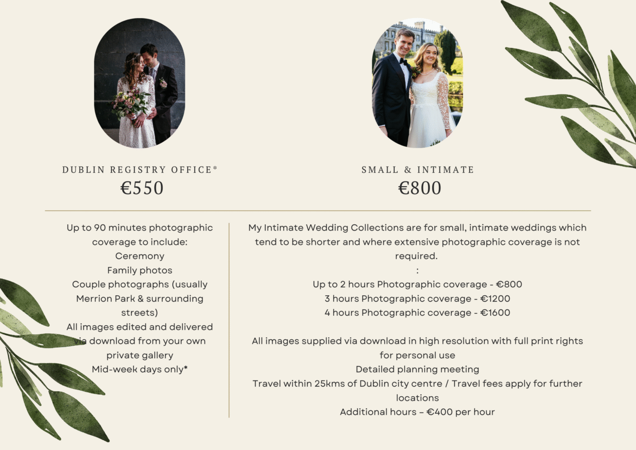 A comparison of wedding photography prices, package details, and coverage, decorated with green leafy illustrations on a beige background.
