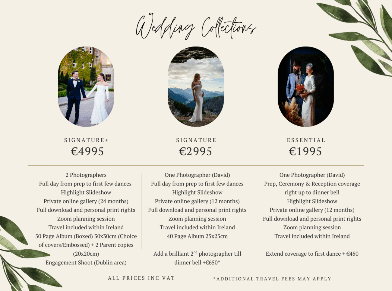 Explore our wedding photography prices with three collections—Signature+ (€4995), Signature (€2995), and Essential (€1995)—each offering detailed services and inclusions listed beneath every package.