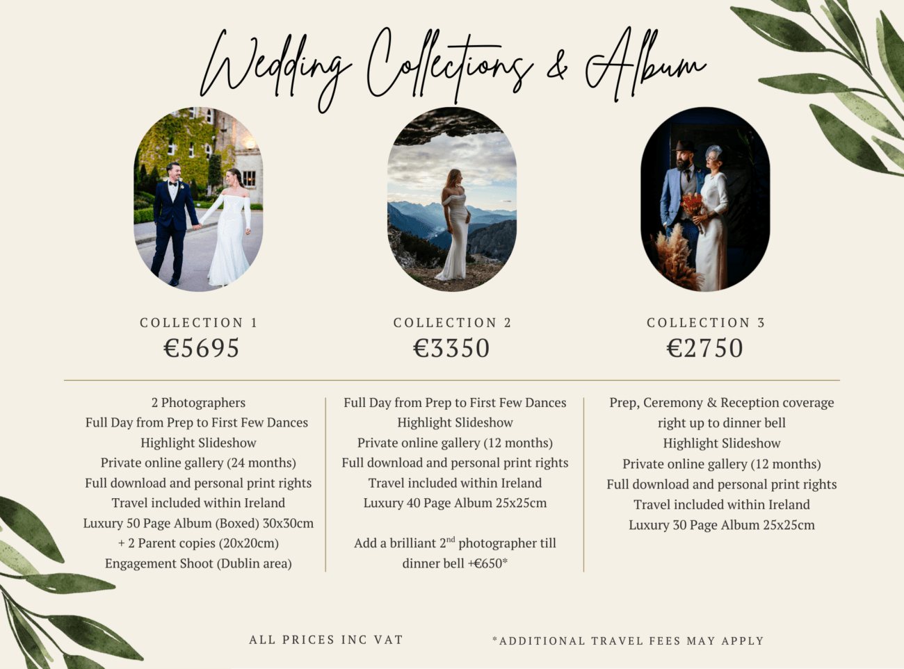 A wedding photography pricing guide displays three packages with descriptions, wedding photography prices, inclusions, and decorative green leaves on the border.