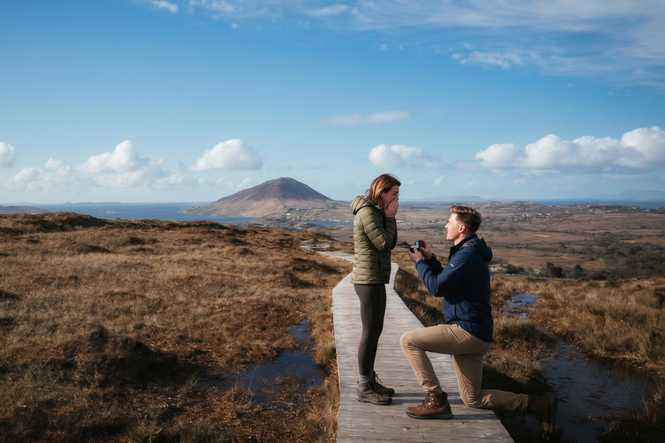 A man kneels and holds out a ring to a surprised woman on a wooden path in Connemara National Park, Galway, Ireland - a scenic, rural landscape—perfect for a Proposal & Engagement Photographer Ireland session with mountains and cloudy skies as the backdrop.