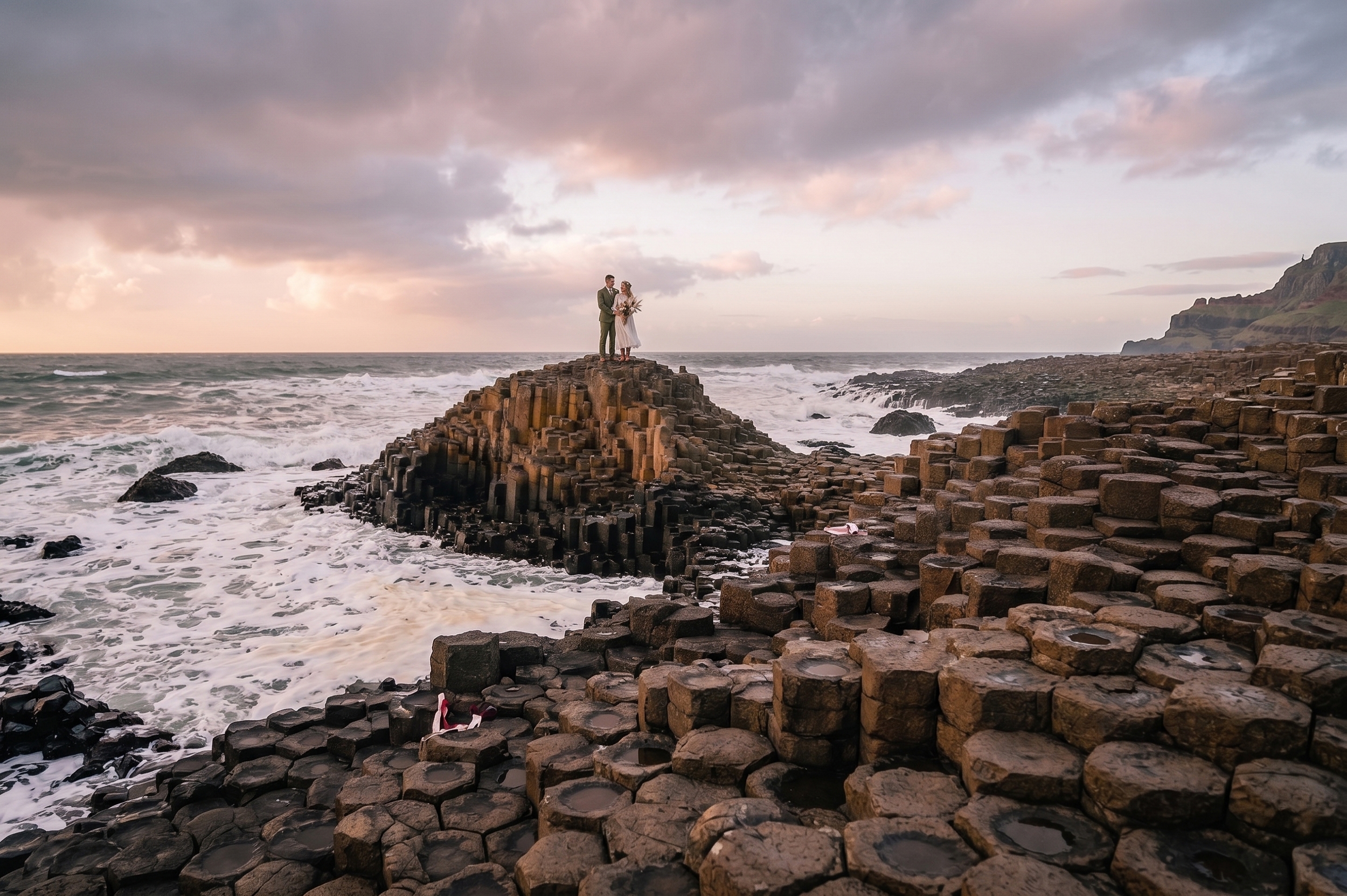 Wedding Photographer Ireland 10 A bride and groom stand embracing on a hillside at sunset in Co Wicklow, Ireland during their elopement, with dramatic clouds and rolling green hills in the background—capturing the essence of romantic wedding photography.