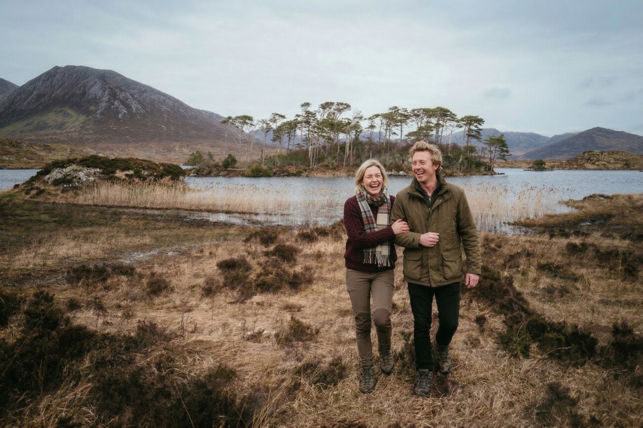 A smiling couple walks arm in arm through the grassy, rugged landscape of Connemara National Park, Ireland with a lake, small island, and mountains in the background—perfectly captured by a Proposal & Engagement Photographer Ireland.
