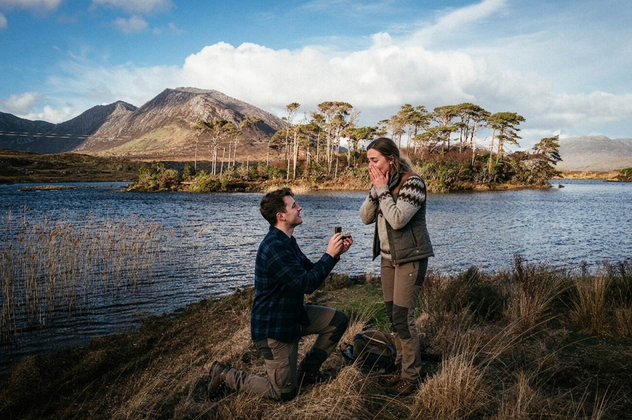 A guy kneels and proposes with a ring his girlfriend in Connemara National Park, Ireland  near a lake, surrounded by mountains and trees under a partly cloudy sky—a perfect moment captured by a Proposal & Engagement Photographer in Ireland.