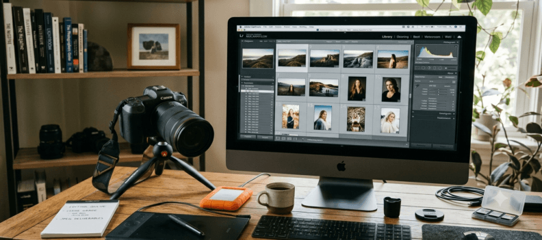 A desktop computer displays photo editing software with various portraits; a camera on a tripod, hard drive, notebook, and coffee cup are on the wooden desk in a well-lit room. why photographers don't give RAW files