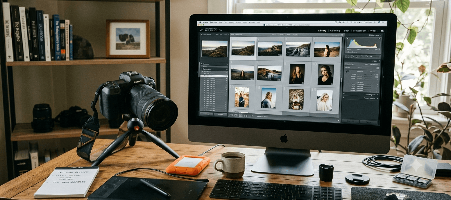 A desktop computer displays photo editing software with various portraits; a camera on a tripod, hard drive, notebook, and coffee cup are on the wooden desk in a well-lit room. why photographers don't give RAW files