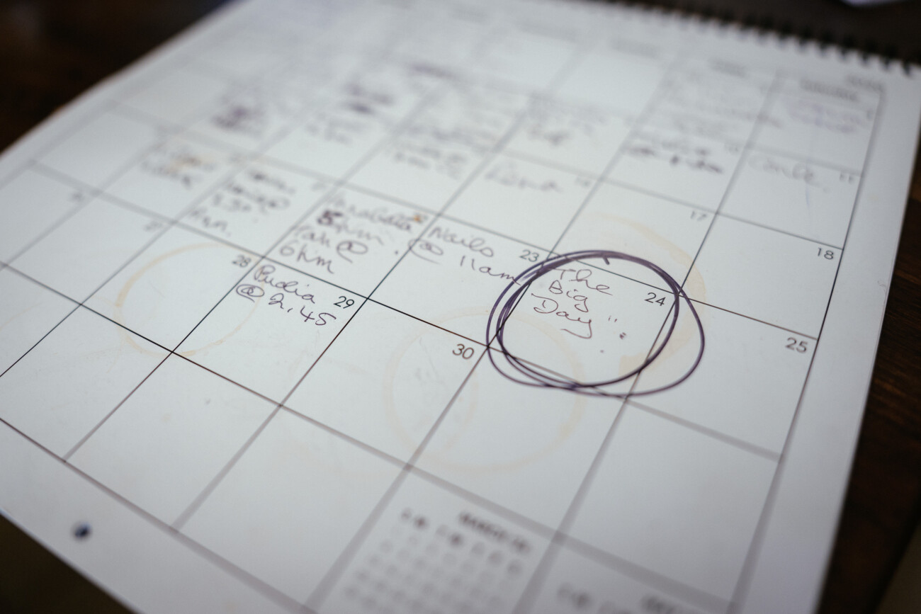 A handwritten calendar page with several dates marked and “The Big Day!” written inside a circle on the 24th, evoking the excitement leading up to Castle Durrow Wedding Photography.