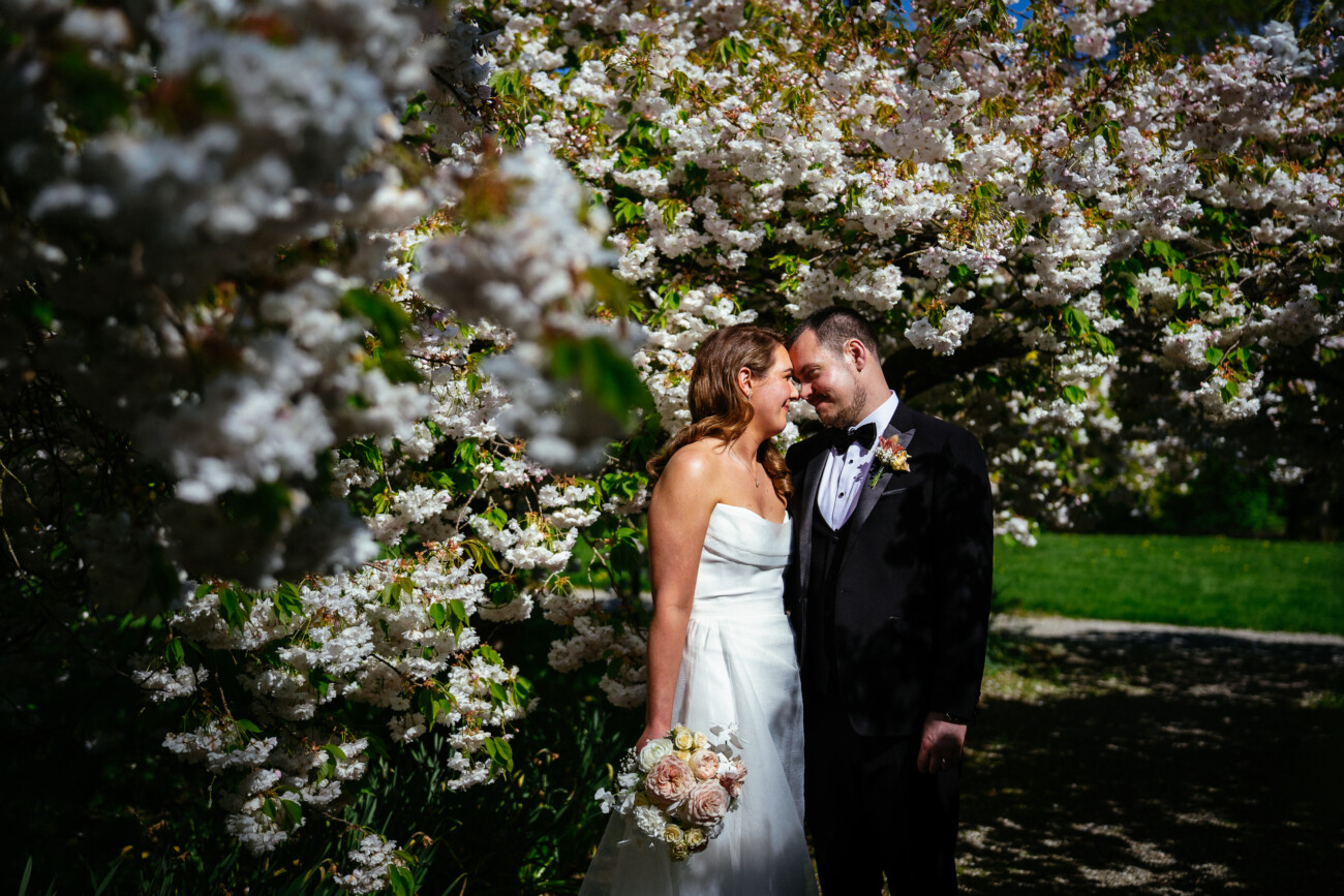 A bride and groom stand close together under blooming cherry blossom trees, with the bride holding a bouquet of roses, beautifully captured in the timeless style of Castle Durrow Wedding Photography.