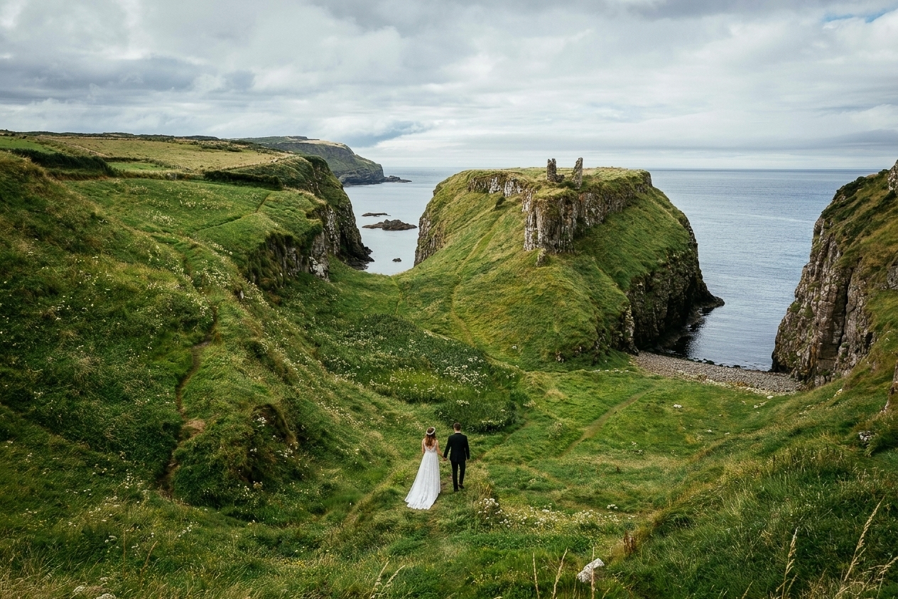 Eloping in Ireland 3 Bride and groom walking along the dramatic Northern Ireland coastline