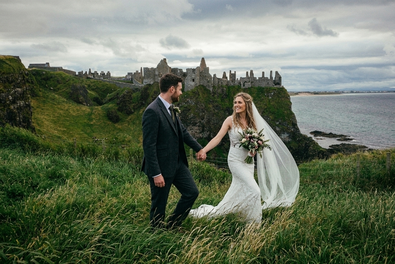 Eloping in Ireland 5 Newlyweds embracing against Northern Ireland's rugged scenery