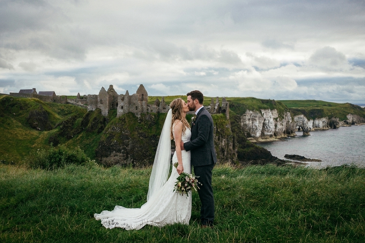 Eloping in Ireland 7 Bride and groom exploring the wild landscape of Northern Ireland