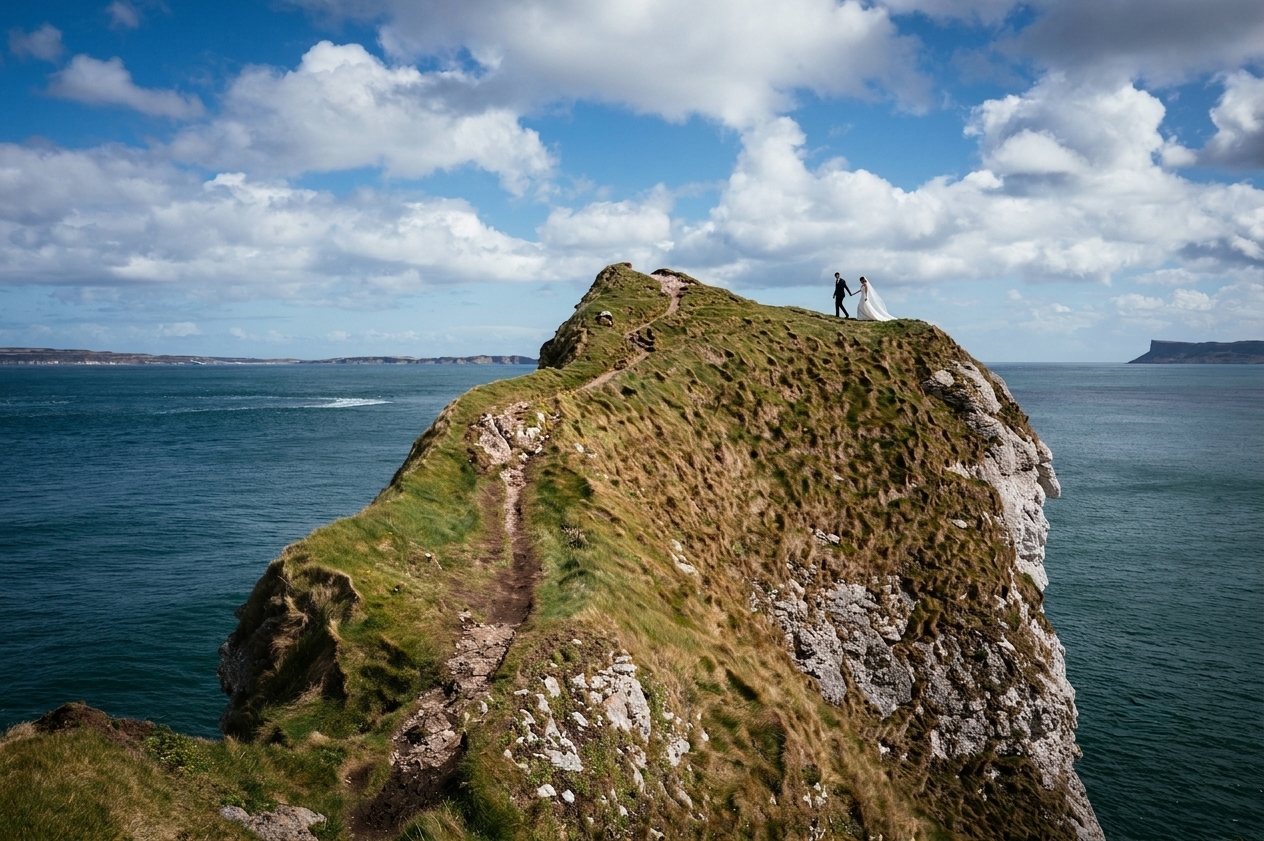 Kinbane Castle Elopements 1 A couple walking on the headland at Kinbane Castle in County Antrim on their elopement day
