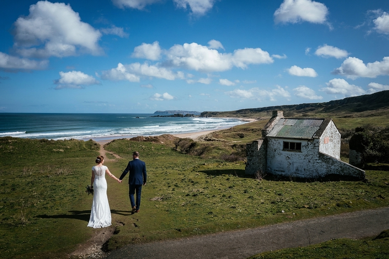 Causeway Coast Elopement Locations 2 A bride and groom walking hand in hand towards a small white cottage on the grassy coast at White Park Bay, Northern Ireland